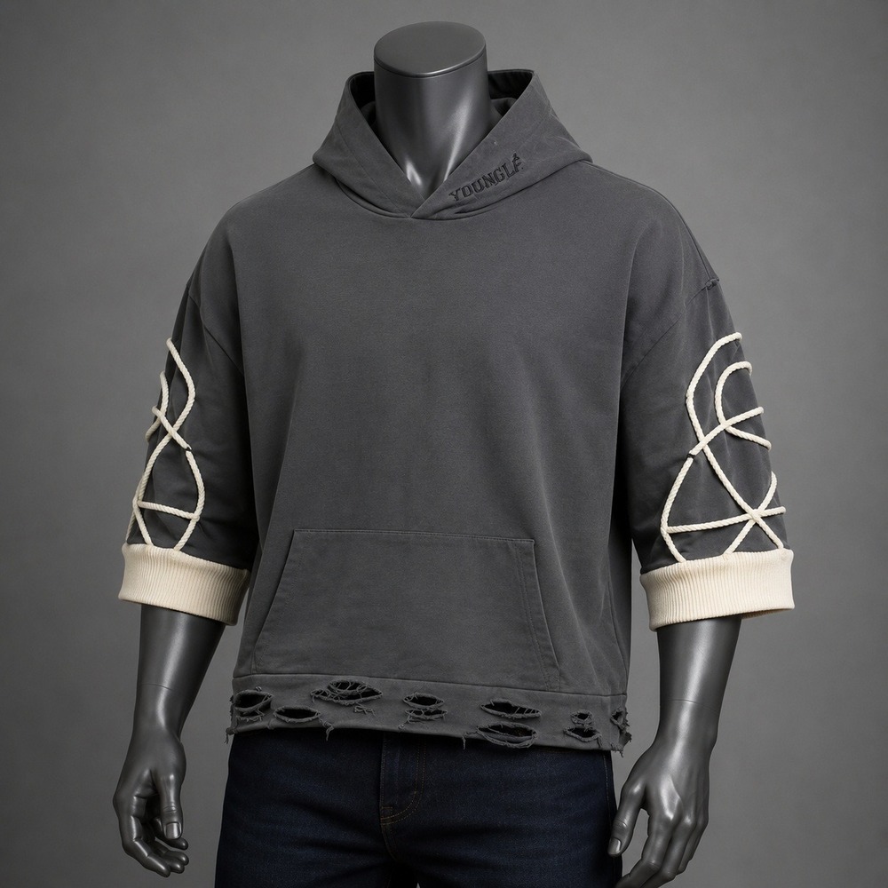 Fluidite Mens XL Distressed Rope Detail Oversized Hoodie Charcoal Gray New